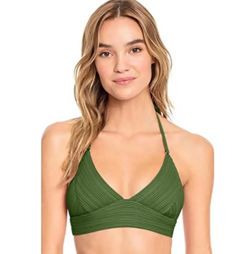 Robin Piccone Bikini Top Size Large NEW Green Lily Halter Swim Tie Back NWOT